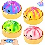 4 Stück Dumpling Squishy, Squishy Dumpling, Weiches Squeeze Stressball Fidget Toys, Mystery Squi-Shy Bun with Steamer Box Decompression Dough für Kinder Erwachsene Büro