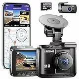 AZDOME Dashcam Auto Vorne Hinten 4K/2,5K GPS WiFi Dash Cam Auto mit Starvis, 64GB SD Karte, Auto Kamera, Parküberwachung, Super Nachtsicht, WDR, 170° Weitwinkel, G-Sensor, Loop-Aufnahme, GS63H Pro