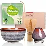 Goodwei BIO Matcha aus Japan im Matcha-Set komplett mit hochwertiger Matcha Schale aus Keramik, Matcha Besen und Besenhalter | Geschenkset für Teezeremonie (Uji)
