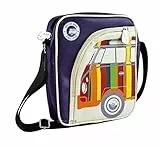 BRISA VW Collection - Stylishe & coole Volkswagen Retro/Vintage Schulter-Tablet-Umhänge-Reise-Tasche mit T1 Bulli Bus Motiv (Lila/Bunt Gestreift/Kunstleder)