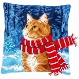 Vervaco Kreuzstich Stickpackungen Kissen Stickerei Set Anfänger Vorgedruckt Katze mit Schal DIY Set Kreativ Set Für Erwachsene Dekoratives Kissen ca. 40 x 40 cm Bastelset Handwerker Haus Dekoration