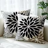 JANGYUHH Kissenbezug 40x40 cm Modern Dahlien Dekokissen Zweiseitiges Muster Schwarz Braun Blumen Sofakissen Outdoor Kissen Leinen Kissenbezüge Dekorative für Sofa Garten Wohnzimmer Bett 2er Set