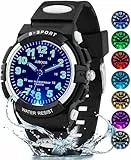 Juboos Neue 7-Farbige Kinderuhren, Kinderuhr Jungen Mädchen Analog Quartz Uhr mit Armbanduhr Kautschuk Wasserdicht Outdoor Sports Uhren 5-16 (Schwarz)