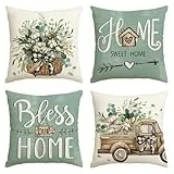 Artoid Mode Blau Eukalyptus Kapok Blumenkorb LKW Frühling Kissenbezüge 4er Set, 45x45 cm Home Sweet Home Zierkissenbezug Cushion Cover Couch Deko