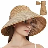 Maylisacc Strohhut Damen, Faltbar Strohhut UV Schutz 50 Sonnenhut Elegant Sommerhut Breite Krempe Visor Cap-Einstellbar, 55-59cm, Khaki