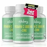 Vitabay Vitamin C Zink Tabletten 600 Vegane Tabletten 1000mg 3er Set - Vitamin C hochdosiert Zink hochdosiert 1000mg C+ Kapseln