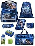 Familando - Basic-Plus Schulranzen Set - 9-teilig mit Sporttasche - T-REX Dino - Ergonomisch, stabil & 850g leicht - 15L Volumen - Brustgurt & Reflektoren - Für Grundschule ab 1. Klasse