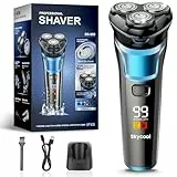 Skycool Rasierer Herren Elektrisch, 3-in-1 Elektrischer Rasierer für Herren Nass und Trocken, IPX7 Wasserdicht Rotationsrasierer mit Pop-Up Trimmer & LED-Display, Schnellladung, Geschenke für Männer
