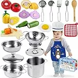 Airlab Kinderküche Zubehör Kochset, Spielküche Küchenzubehör Töpfe Holz & Edelstahl mit Lebensmittel für Kinder, Puppenküche Kinderspielzeug Kochgeschirr Rollenspiele Geschenk