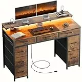 HLONONE Computertisch mit 8 Schubladen, Bürotisch mit 2 Steckdosen und 2 USB Ladeanschluss, Schreibtisch mit Monitorständer für Gaming und Büro, 120 x 50 x 74 cm, Braun