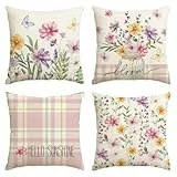 Artoid Mode Blumen Vase Blätter Frühling Kissenbezüge 4er Set, 40x40 cm Sommer Strifen Tupfen Sunshine Zierkissenbezug Couch Wohnzimmer Deko
