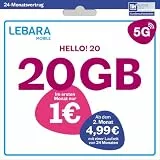 LEBARA Handytarif Hello! 20 | 20 GB Datenvolumen | 5G | 4,99€ mtl. | Allnet-Flat | 50 Auslandsminuten | Inkl. SIM-Karte