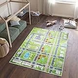 TAPISO Emma Teppich Waschbar bei 30 Grad Grün Grau Straße Stadt bedruckter Kinderteppich Antirutsch Kinderzimmer Jugendzimmer Modern ÖKO-TEX 160 x 230 cm