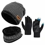 Kinder Wintermütze Schal Touchscreen Set - Beanie Strickmütze Winterschal Thermo | Fleecefutter Warme Knit Hut Loop Rutschfeste Handschuhe | für Junge Mädch 5-10 Jahre