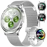 DREMAC Smartwatch Damen,1.32'' Amoled Kreisbogen Display,Damen Armbanduhr mit Pulsuhr/Menstruationszyklus/SpO2/Schlafmonitor,IP68 Wasserdicht Fitness Tracker für iOS Android Silber