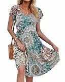 AUSELILY Damen Sommerkleid Rüschen Kurzarm Elegante V-Ausschnitt Kleider Swing Knielanges A-Linie Freizeit Strandkleid Gestuftes Kleider mit Tasche Druck Grün L