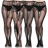 Letcdfer 4 Paar Netzstrumpfhose Schwarz Damen Sexy Gothic Kleidung, Gemusterte Fishnet Stockings Strumpfhosen für Frauen Mit Muster