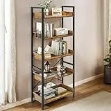 YITAHOME Bücherregal mit 5 Ebenen, Bodenstehende Standregal mit stabilem Stahlrahmen, Regaleinheit, Industrielles Aufbewahrungsregal mit 4 Haken, für Wohnzimmer, Heimbüro, Vintagebraun Lagerregale
