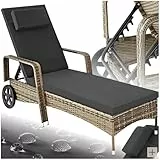 tectake Poly Rattan Gartenliege mit Rollen, 6-Fach höhenverstellbarer Liegestuhl, bis 120kg belastbar, Sonnenliege Rattan (wetterfest), Liege inkl. Polster und Kissen - Natur/dunkelgrau