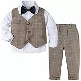mintgreen Smoking Gentleman Kinderanzug für Junge 4 pcs Fliege + Hemd + Weste + Hose Bekleidungsset, Khaki Plaid, 18-24 Monate, 90