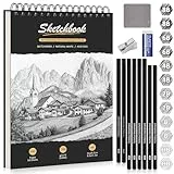 DazSpirit A4 Skizzenbuch, Hardcover Zeichenblock mit 200g/m² dickem Papier, 12 Skizzenstifte & Radiergummis, Spiralbindung, 50 Blätter/100 Seiten Skizzenblock – Ideal für Bleistift, Kohle, Pastell