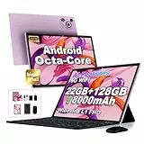 Dghrti Tablet 10 Zoll Android 14, 22GB RAM 128GB ROM/TF 1TB, Octa-Core Prozessor, 8000mAh, BT5.0, 8MP+5MP, Dual WLAN, Face ID, Widevine L1, Augenschutz, Tablet mit Tastatur & Maus Metallkörper, Lila