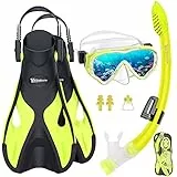 UPhitnis Schnorchelset für Kinder Mit Flossen, Anti-Fog 180° Panorama Taucherbrille, Verstellbaren Schwimmflossen und Premium Dry Schnorchel - 3 in 1 Set Mit Tragetasche