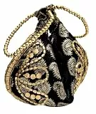 Purpledip Rich Velvet Potli Bag (Clutch, Drawstring Purse, Evening Handbag) For Women With Heavy Gold Embroidery Work and Colorful Tassels, Blue (11482)