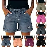 Jamicy Jeans Damen Shorts Sommer Stretch Jeansshorts High Waist Zerrissen Destroyed Jeanshose Kurz Casual Damen-Shorts Loose Fit Sommershorts Fashion Freizeitshorts Tunnelzug Kurze Hose Blau M