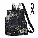 Fmeida Rucksack Damen Anti Diebstahl Nylon Handtaschen Wasserdichte 2 in 1 Schultertasche Casual Daypack Klein Reiserucksack für Frauen Mädchen, Kolibri Muster & Schwarze