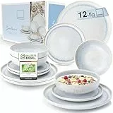 SÄNGER | Tafelservice Santorini 12 tlg, Teller Set 4 Personen TEST SEHR GUT, Steingut Geschirr Set inkl. Speise- Dessertteller & Tiefe Teller Creme mit Flieder Blauem Verlauf | PREMIUM COLLECTION