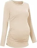 Saodimallsu Damen Umstandsshirt Langarm Stillshirt Umstandstop Rundhals Schwangerschafts Oberteil Nursing Tops Sommer Atmungsaktiv Schwanger T-Shirt Beige M