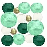 HONMOK 16 Stück Papierlaternen grün gold weiß Chinesische Papier Laterne Retro Olivgrün Baby Party Dekoration Hängende Papierlaternen für Taufe BabyParty Hochzeit Geburtstag