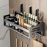 Tielag Gewürzregal Wand, Küchenregal Hängend Ohne Bohren, Wandregal Küche, 40×13.4×12CM Gewürz Organizer Metall, Gewürzhalter mit Haken und 2 Utensilienhalter, Handtuchhalter, Messerhalter, Grau