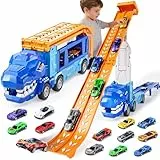 Doloowee Dinosaurier LKW Spielzeug für Jungen ab 3 Jahren, LKW Kran mit 12 Mini Rennwagen, Geschenk für Kinder 3 4 5 Jahre Alt