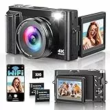 4K 64MP Digitalkamera mit WLAN, 16X Digitalzoom, 180° Flip Screen Autofokus Vlogging Fotoapparat mit Selfie, WiFi Kompaktkamera mit 32GB Karte 2 Batterien für Anfänger