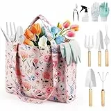 Grenebo Gartengeräte, 10-teiliges Gartengeräte-Geschenkset für Frauen, rostfreie und strapazierfähige Werkzeuge mit floraler Organizer-Tasche, Geschenk für Gartenfrauen (Rosa Weiß)