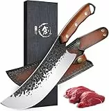 Purple Dragon Messer, Handgeschmiedetes Fleischmesser mit Lederscheide, Ultra Scharfes ATS-34 Hackmesser, Kochmesser Profi Küchenmesser, Full Tang Metzgermesser für Küche und BBQ