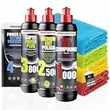 Menzerna Auto Polituren Set: Heavy Cut Compound 1000 + Medium Cut Polish 2500 + Super Finish Plus 3800 + Power Lock Sachet 20ml + 4X Mikrofasertuch
