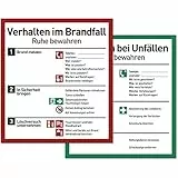 Verhalten im Brandfall und bei Unfällen (Schilder Set - 18x20cm) - Plakat für Büro und Betrieb nach ISO 7010 - Erste Hilfe Schild für Brand und Unfall - Aushang Notfallplan für Brandschutz