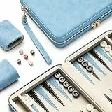Backgammon-Sets für Erwachsene, klassisches Brettspiel mit faltbarem Kunstleder Backgammonetui, tragbares Reise-Backgammon-Set, inklusive 30 künstlichen Horn-Checkern (Blue)