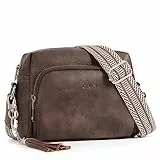 CLUCI Umhängetasche, Crossbody Bag Damen Breiter Gurt, Handy Schultertasche PU Leder, Handtasche, Klein mit Fransen Verstelbaar Schultergurt Kaffee