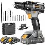 Akkuschrauber, LEEIKOO Akku Bohrschrauber, 21V Akku Bohrmaschine 42N.m mit 2 Batterien 2.0Ah, 10mm Bohrfutter, 2-Gang, 18+1 Drehmomentstufen, 14tlg Zubehör Set, LED Licht für Garten DIY Projekt, Grau