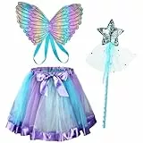 AUYAO Feenflügel Kostüm Kinder 3Pcs Schmetterlings Flügel Mädchen Prinzessinnenflügel Elfen Fee Anzieh Sets mit Tutu Haarband Zepter für Halloween Karneval Geburtstag Fasching Kostüm Requisiten Blau