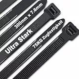 Kabelbinder Schwarz 300 mm x 7,6 mm, UV-Beständig ultra stark Kabelbinder mit 75 kg Zugfestigkeit, 100 Stück