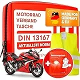PURAHELP Motorrad Verbandskasten nach aktueller Norm 2026 DIN 13167 (StVO konform) - Inkl. Warnweste & Beatmungstuch - Motorrad Erste Hilfe Set 2026 Mini Klein