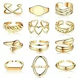 JeryWe 12 Stücke Damen Ringe Set Chunky Statement Fingerringe Breiter Verstellbar Stapelringe Knöchel Ring Offen Verdrehte Midi Bandring für Teenager Mädchen Gold