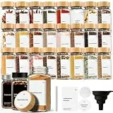 MHDCLY 24er Set Gewürzgläser Eckig mit Bambusdeckel (120ml) - Luftdichte Spice Jars & Gewürzstreuer Glas inkl. 342 Etiketten, Stift & Trichter - Ideal als Gewürz Organizer für Schublade