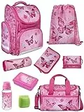 Familando - Schulranzen Set CLOU - 9-teilig mit Sporttasche - Schmetterlinge - Ergonomisch, Stabil & mit gepolstertem Rücken - 930g leicht - 15L Volumen - Mit Reflektoren - ab 1. Klasse