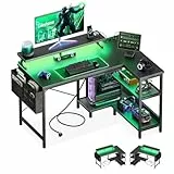 Coleshome Gaming-Tisch mit Stauraum, 100×70 cm Eckschreibtisch mit Regal & Stofftasche, reversibler L-förmiger Schreibtisch mit Steckdosen & LED für Büro & Arbeitszimmer, Kohlefaser Schwarz